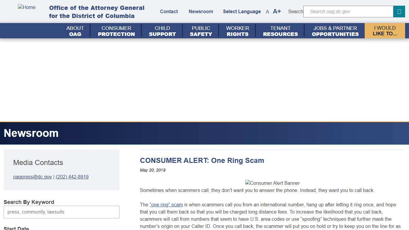 CONSUMER ALERT: One Ring Scam Attorney General Brian Schwalb