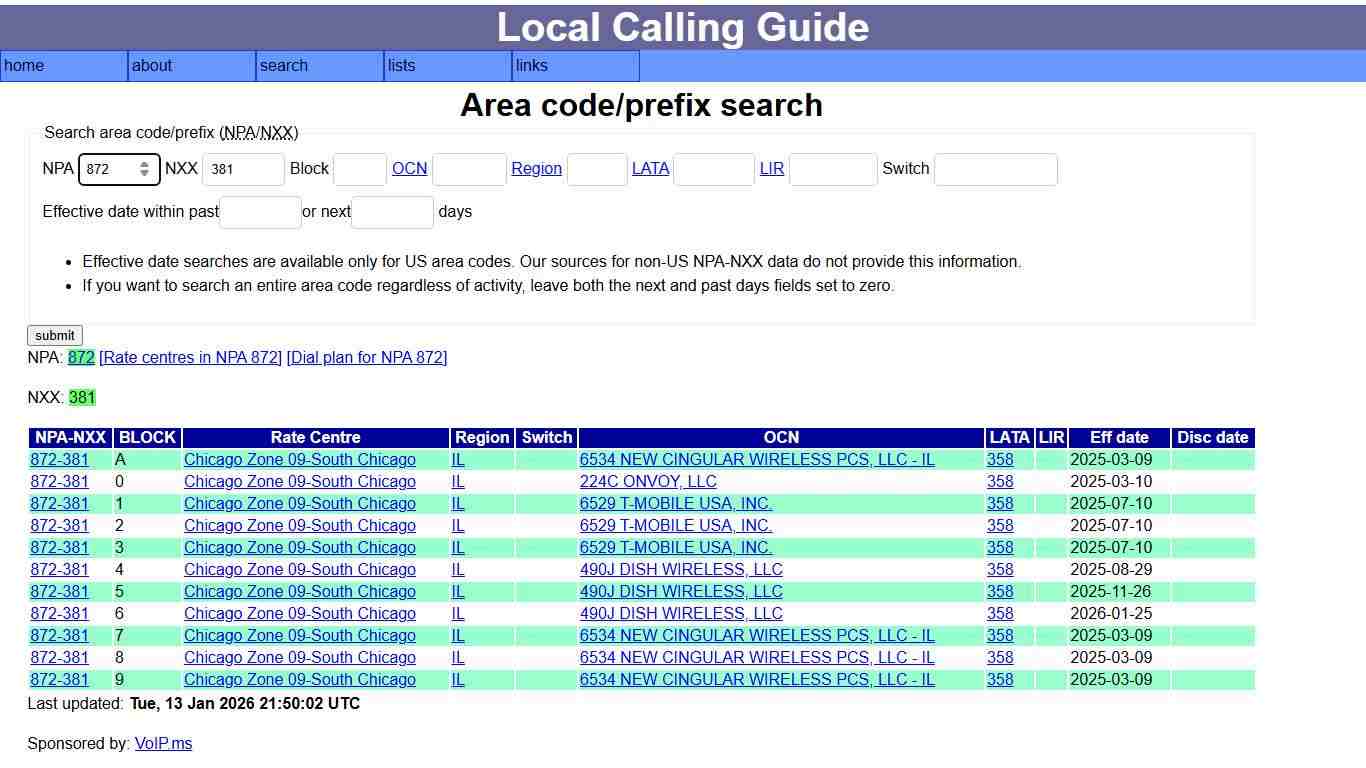 Local calling guide: NPA-NXX search